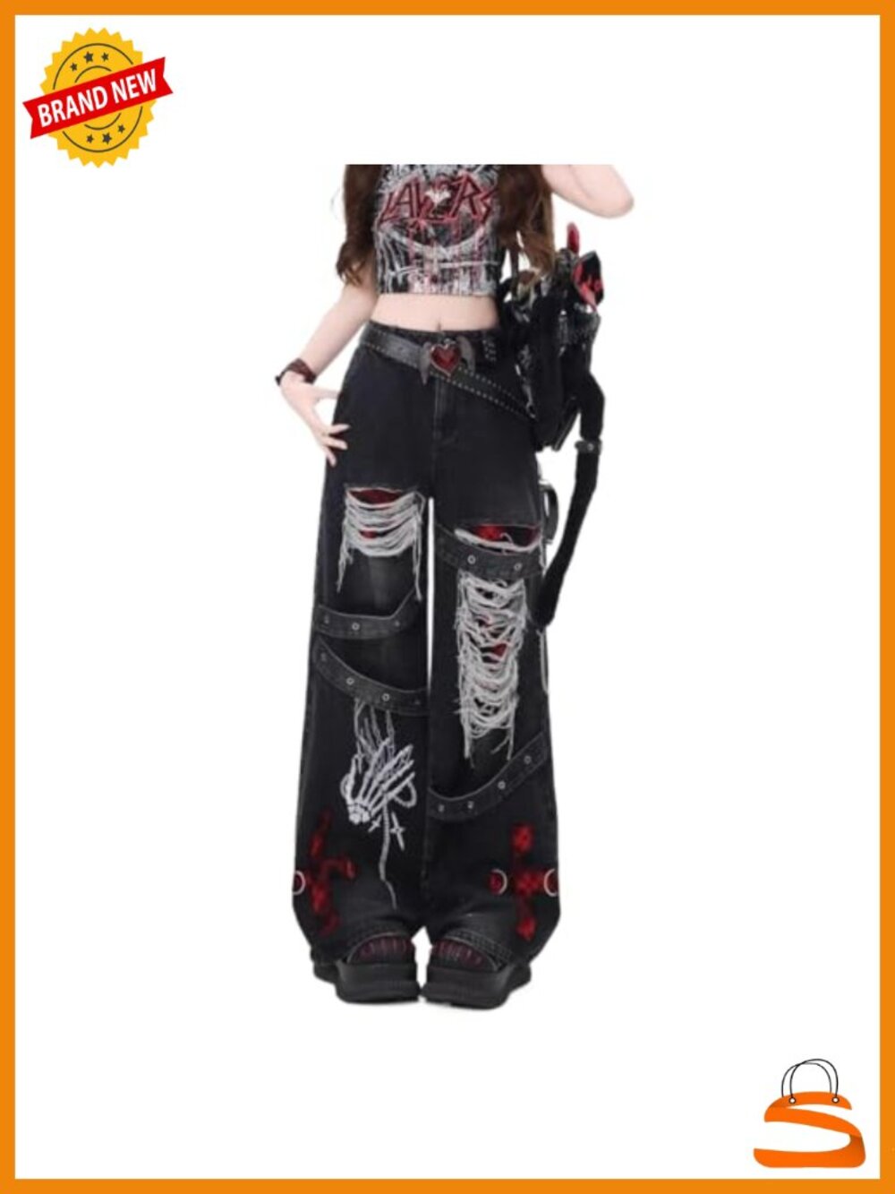 Y2K Ripped Grunge Baggy Jeans High Waist Wide Leg Goth Streetwear